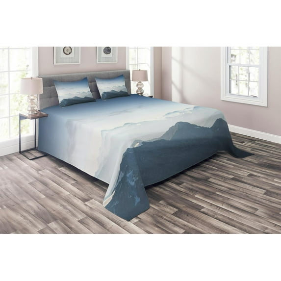 Ambesonne Nature Quilted Coverlet 3 Pcs, Foggy Morning Mountain, King Size, Pale Blue