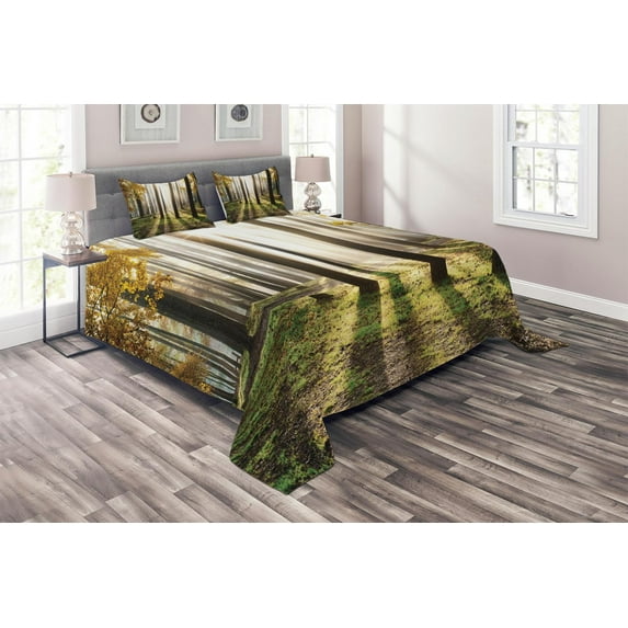 Ambesonne Nature Quilted Coverlet 3 Pcs, Forest Leaves at Sunrise, King Size, Yellow Green Brown