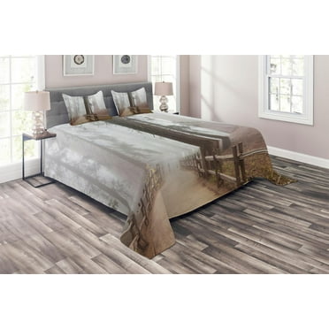 Ambesonne Nature Quilted Coverlet 3 Pcs, Forest in Foggy Morning, King Size, Grey Brown