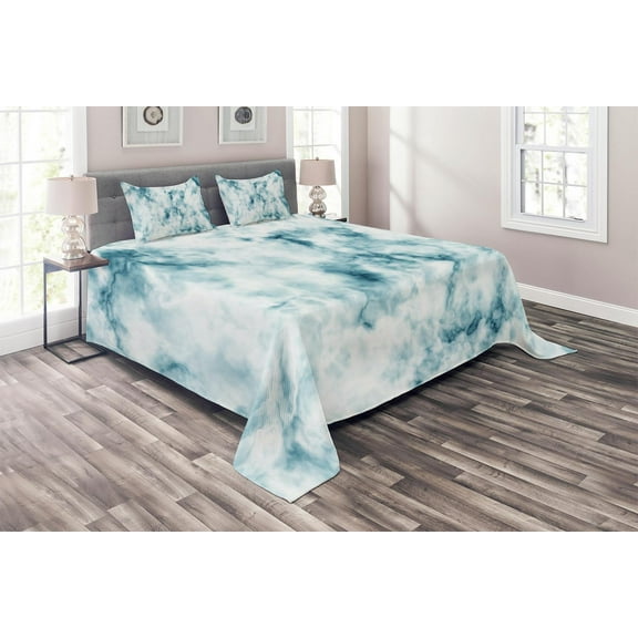 Ambesonne Nature Quilted Coverlet 3 Pcs, Grunge Marble Effect, King Size, Cadet Blue Seafoam