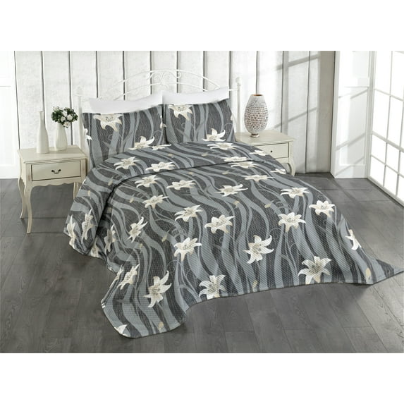 Ambesonne Nature Quilted Coverlet 3 Pcs, Jungle Flower Drawing Print, King Size, Eggshell and Pale Grey