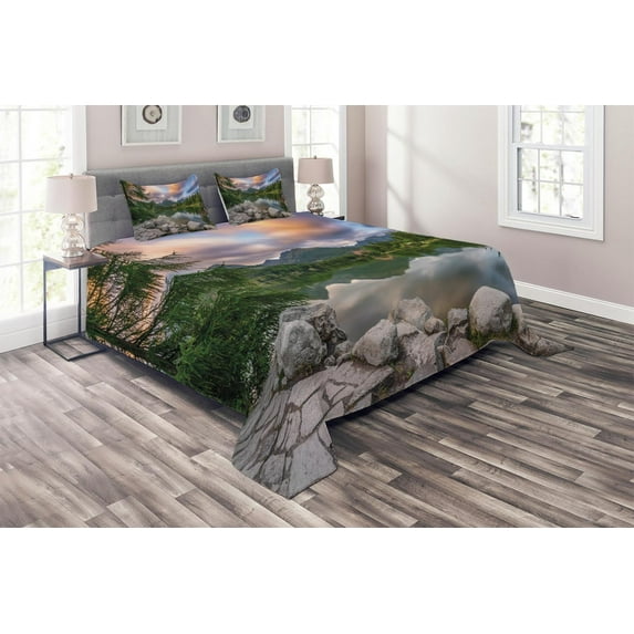 Ambesonne Nature Quilted Coverlet 3 Pcs, Lake by Forest Mountain, Queen Size, Multicolor