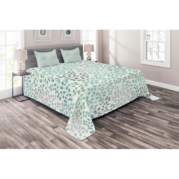 Ambesonne Nature Quilted Coverlet 3 Pcs, Leaf Braches Pattern, Queen Size, Sage Green Turquoise