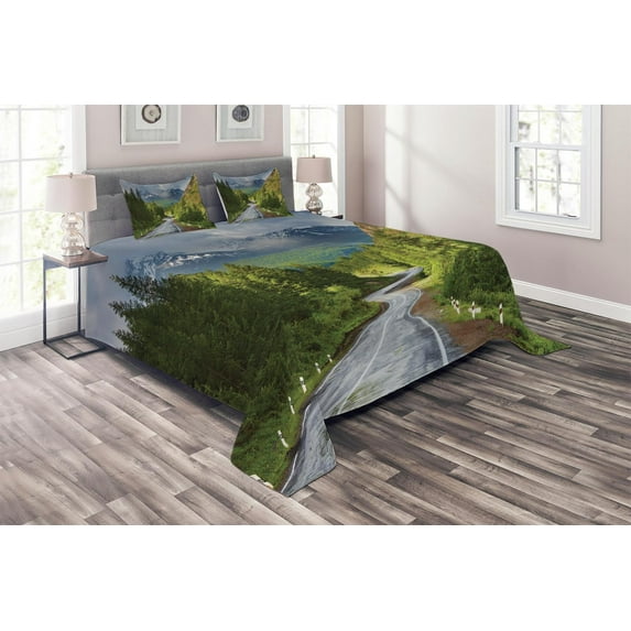 Ambesonne Nature Quilted Coverlet 3 Pcs, Mountain Landscape Road, King Size, Green Grey Brown