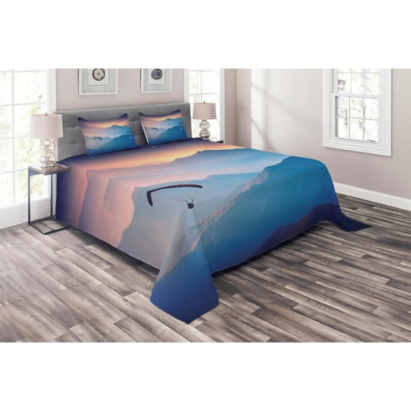 Ambesonne Nature Quilted Coverlet 3 Pcs, Paraglide Sun Mountains, Queen Size, Blue Pink