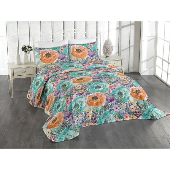 Ambesonne Nature Quilted Coverlet 3 Pcs, Pastel Hand-Drawn Flowers, Queen Size, Pale Vermilion and Turquoise