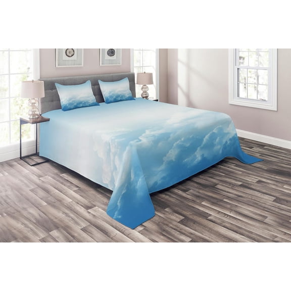 Ambesonne Nature Quilted Coverlet 3 Pcs, Peaceful Fluffy Clouds, Queen Size, Blue White