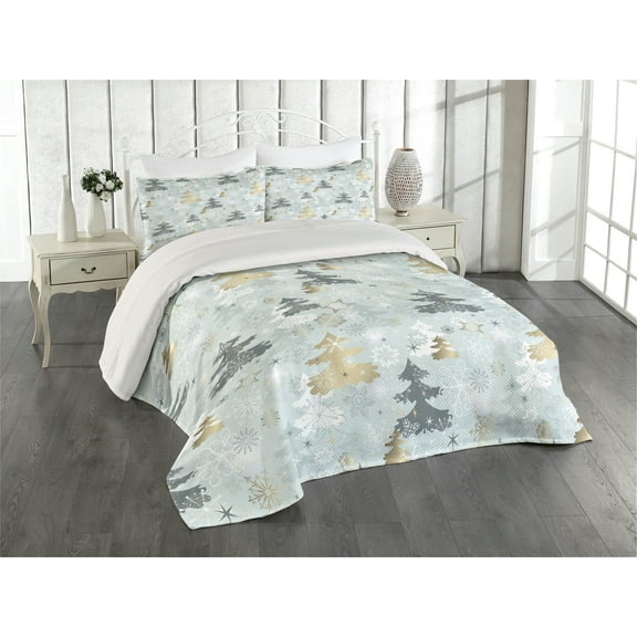 Ambesonne Nature Quilted Coverlet 3 Pcs, Retro Soft Pine Tree, Queen Size, Blue Grey and Dark Mustard
