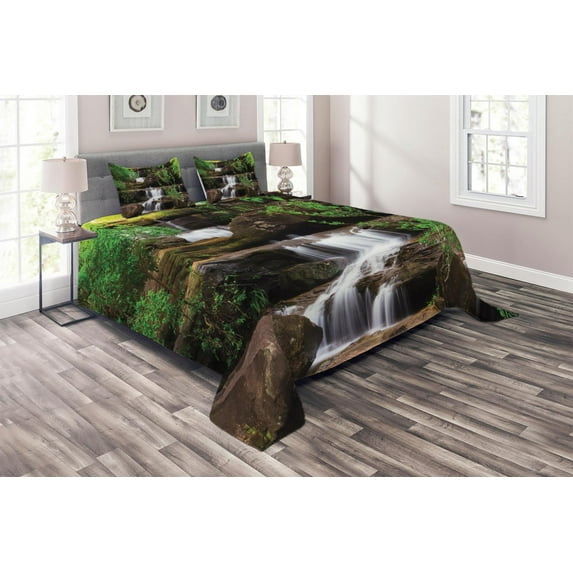 Ambesonne Nature Quilted Coverlet 3 Pcs, Rock Stair in Waterfall, King Size, Brown White and Green