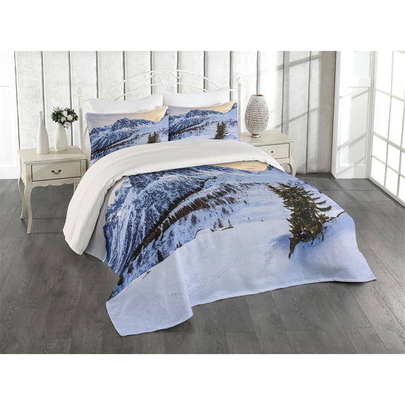 Ambesonne Nature Quilted Coverlet 3 Pcs, Snowy Mountain Winter, King Size, White Green