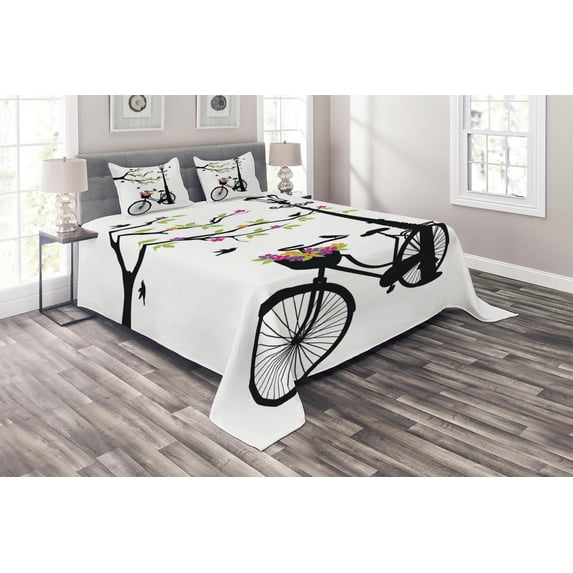 Ambesonne Nature Quilted Coverlet 3 Pcs, Spring Tree Birds Bike, Queen Size, Multicolor
