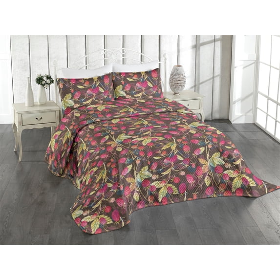 Ambesonne Nature Quilted Coverlet 3 Pcs, Strawberries Leaf Hand-Drawn, King Size, Hot Pink Khaki and Green