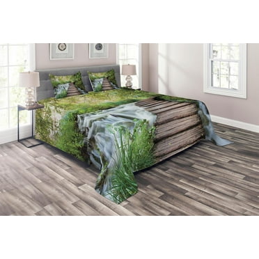 Ambesonne Nature Quilted Coverlet 3 Pcs, Stream in Green Jungle, Queen Size, Brown Green White