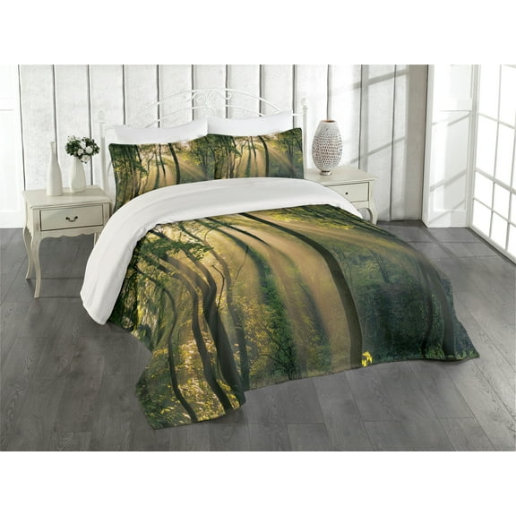 Ambesonne Nature Quilted Coverlet 3 Pcs, Summertime Countryside, Queen Size, Green Beige Black
