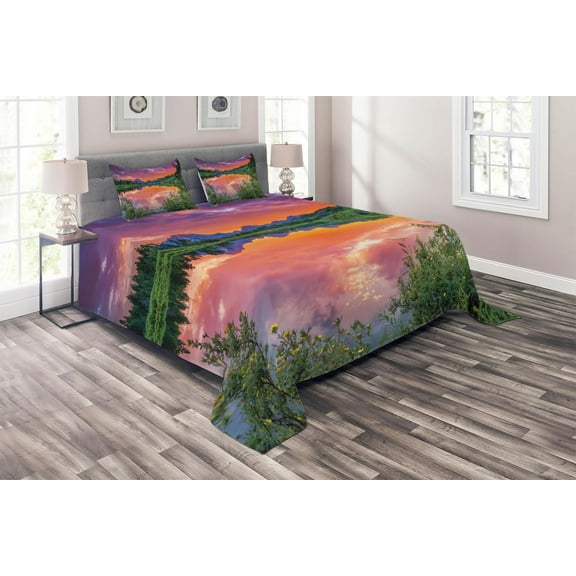 Ambesonne Nature Quilted Coverlet 3 Pcs, Sunset Reflection River, Queen Size, Orange Green Purple