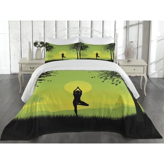 Ambesonne Nature Quilted Coverlet 3 Pcs, Sunset Sky in Forest, King Size, Green Black Yellow