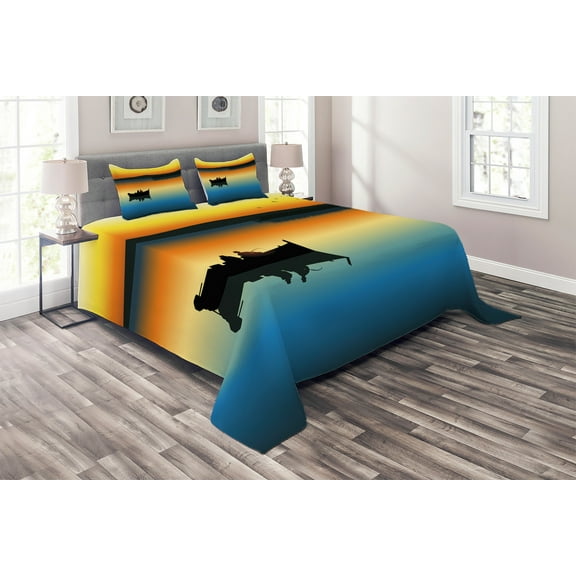Ambesonne Nature Quilted Coverlet 3 Pcs, Sunset at Lake Fishing, Queen Size, Orange Blue