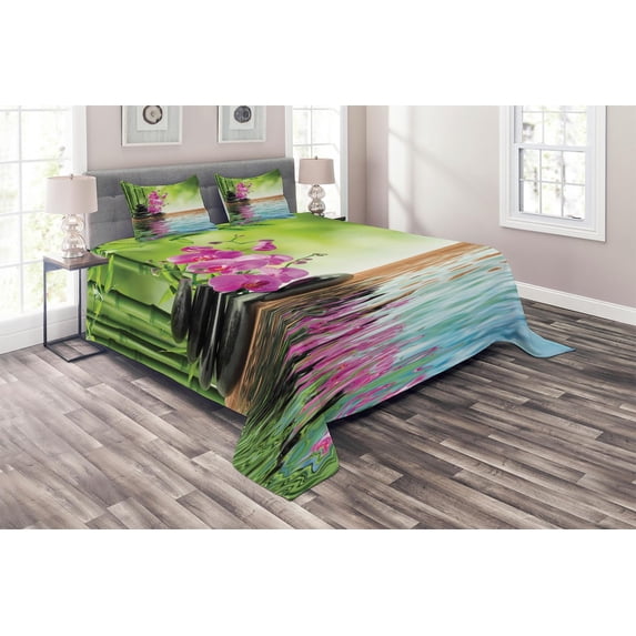 Ambesonne Nature Quilted Coverlet 3 Pcs, Tropic Orchid Flower, King Size, Fern Green and Fuchsia