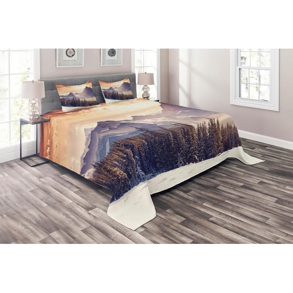 Ambesonne Nature Quilted Coverlet 3 Pcs, Winter Evening Mountain, Queen Size, Multicolor