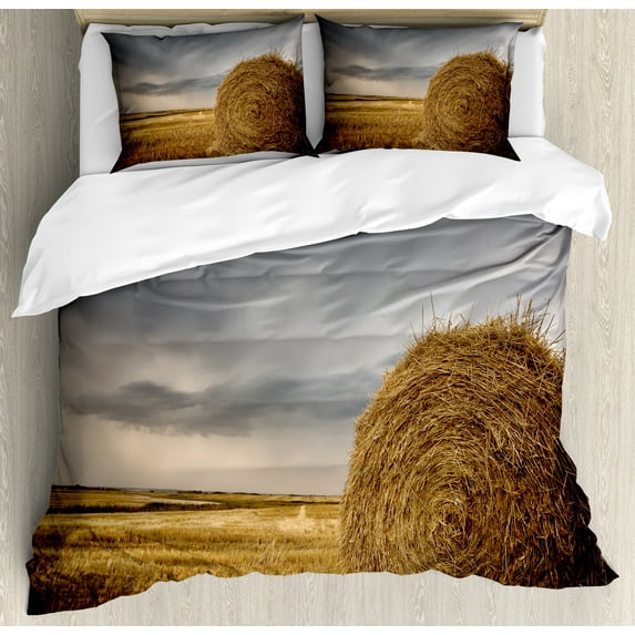 Ambesonne Nature Scene Duvet Cover Sets, Overcast Countryside, 2-Queen, Purpleblue Pale Coffee