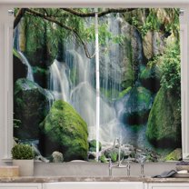 Ambesonne Nature Scene Kitchen Curtains, Waterfall Flows Rocks, 55"x45", Lime Green and Blue Grey