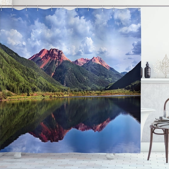 Ambesonne Nature Scene Shower Curtain, Red Iron Peaks on Lake, 69"Wx70"L, Multicolor
