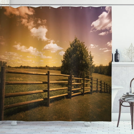 Ambesonne Nature Scene Shower Curtain, Rural Meadow Fence Sky, 69"Wx75"L, Mauve Taupe Amber