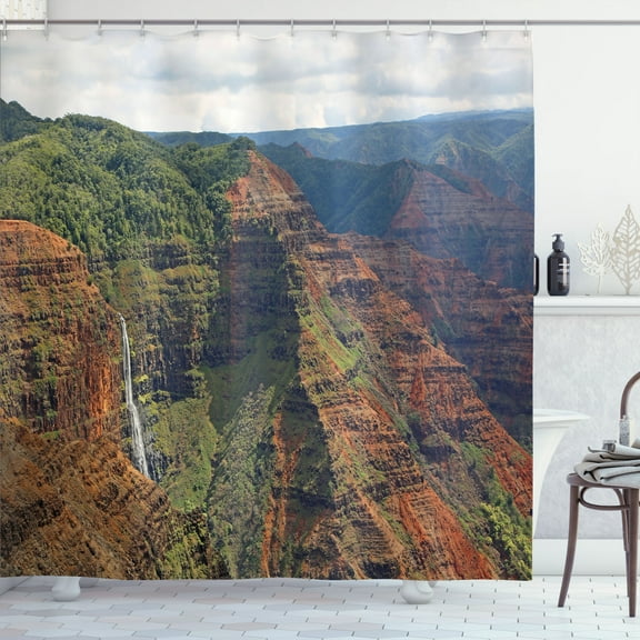 Ambesonne Nature Scene Shower Curtain, Waipoo Falls Hawaii, 69"Wx70"L, Ginger and Sage Green