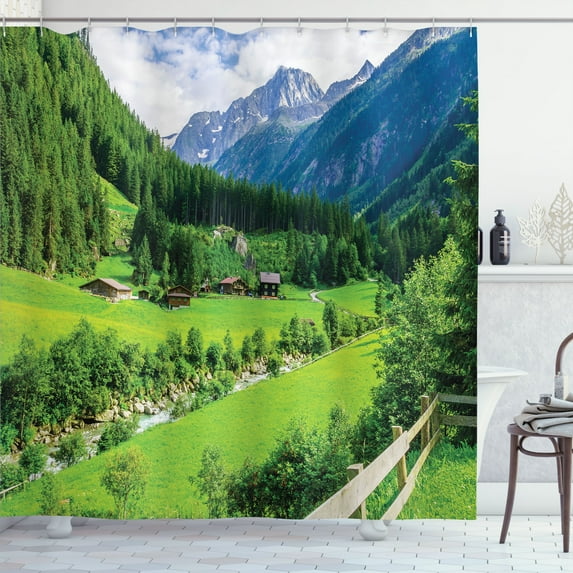 Ambesonne Nature Shower Curtain, Alpine Scenery Pastoral, 69"Wx70"L, Green White