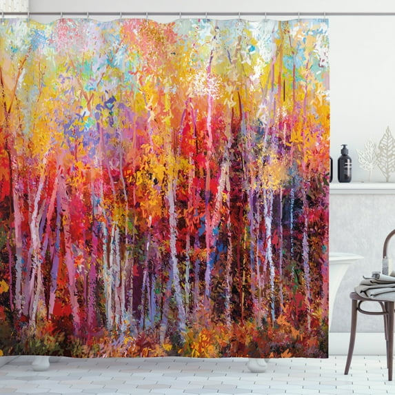 Ambesonne Nature Shower Curtain, Autumn Forest Painting, 69"Wx84"L, Orange Yellow