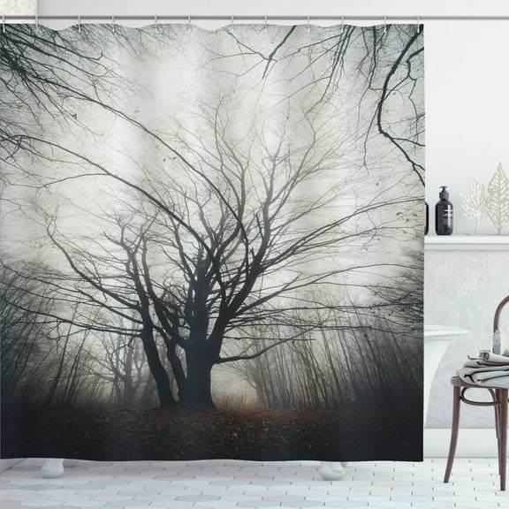 Ambesonne Nature Shower Curtain, Autumn Tree in Fog Dark, 69"Wx70"L, Grey