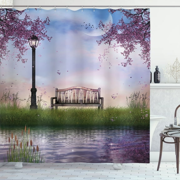 Ambesonne Nature Shower Curtain, Bench Flowing River Moon, 69"Wx70"L, Multicolor
