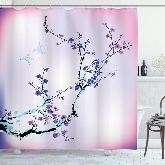 Ambesonne Nature Shower Curtain, Birds Cherry Branches Style, 69"Wx70"L, Blue Violet