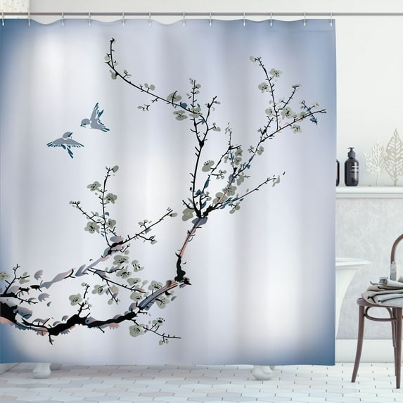 Ambesonne Nature Shower Curtain, Birds Cherry Branches Style, 69"Wx70"L, Dusk Black