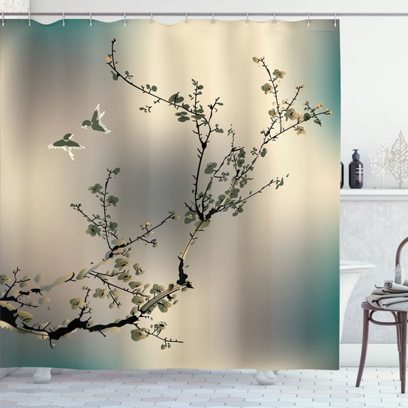 Ambesonne Nature Shower Curtain, Birds Cherry Branches Style, 69"Wx70"L, Laurel Green