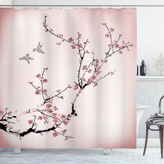 Ambesonne Nature Shower Curtain, Birds Cherry Branches Style, 69"Wx70"L, Rose Black