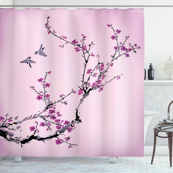 Ambesonne Nature Shower Curtain, Birds Cherry Branches Style, 69"Wx75"L, Pale Fuchsia