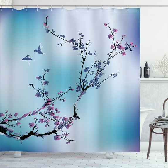 Ambesonne Nature Shower Curtain, Birds Cherry Branches Style, 69"Wx84"L, Seafoam Mauve