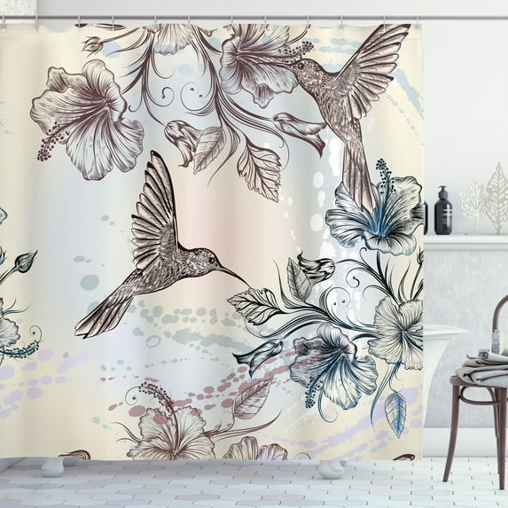 Ambesonne Nature Shower Curtain, Birds Hibiscus Flowers, 69"Wx84"L, Teal Brown