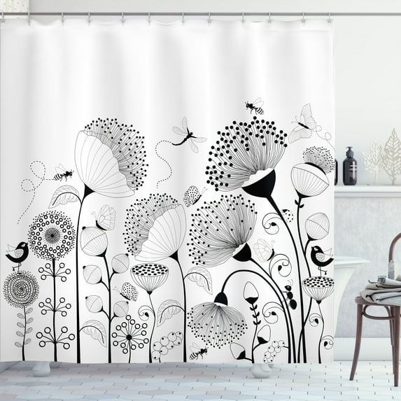 Ambesonne Nature Shower Curtain, Blooming Flower Bee, 69"Wx70"L, Black White