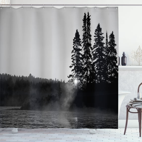 Ambesonne Nature Shower Curtain, Canadian Lake Sunrise Tree, 69"Wx70"L, Black White