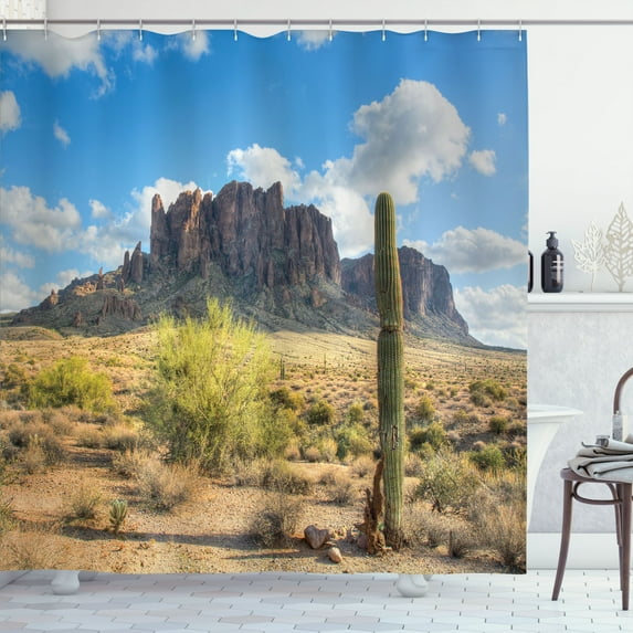 Ambesonne Nature Shower Curtain, Canyon Cloudy Cliff, 69"Wx84"L, Brown Green Blue