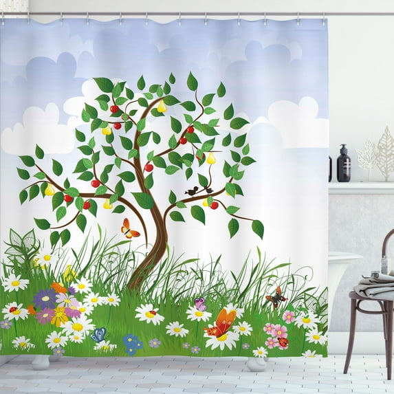Ambesonne Nature Shower Curtain, Cartoon Garden Colorful, 69"Wx70"L, Multicolor