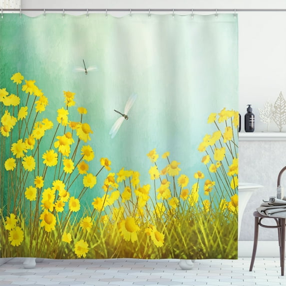 Ambesonne Nature Shower Curtain, Daisies and Dragonflies, 69"Wx84"L, Green Yellow