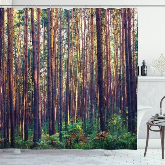 Ambesonne Nature Shower Curtain, Fall Trees Forest Trunks, 69"Wx70"L, Green Brown