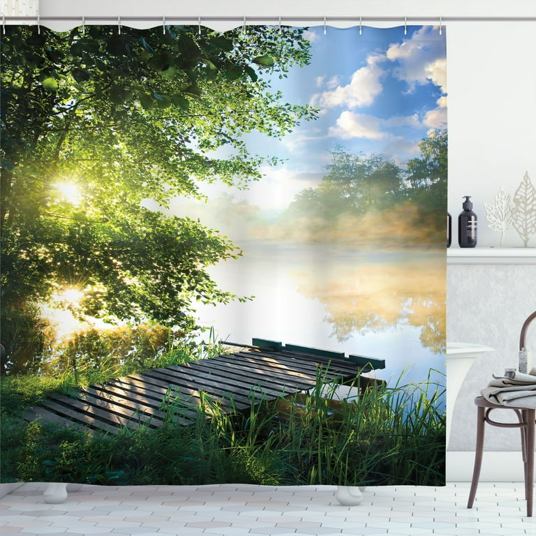 Ambesonne Nature Shower Curtain Fishing Pier by River 69 Wx75 L Green Blue White Walmart