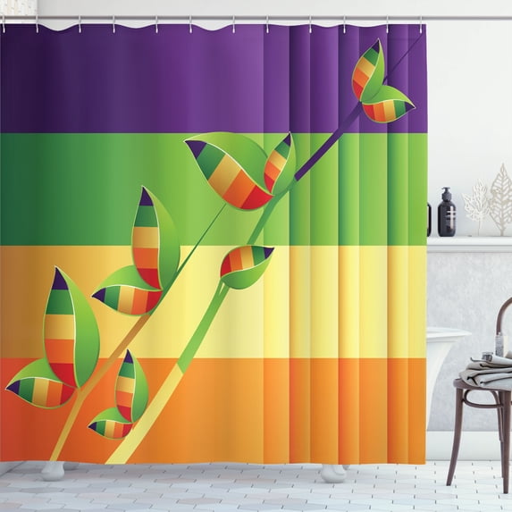 Ambesonne Nature Shower Curtain, Floral Leaves Stripes, 69"Wx70"L, Multicolor