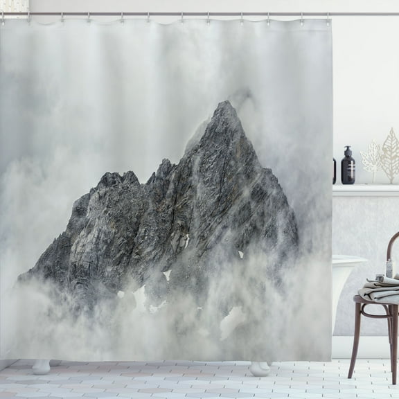 Ambesonne Nature Shower Curtain, Foggy Mountain Peak, 69"Wx75"L, White Grey