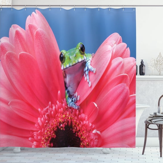 Ambesonne Nature Shower Curtain, Frog on Gabera Flower, 69"Wx75"L, Pink Green Blue