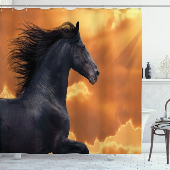 Ambesonne Nature Shower Curtain, Galloping Friesian Horse, 69"Wx84"L, Black Orange